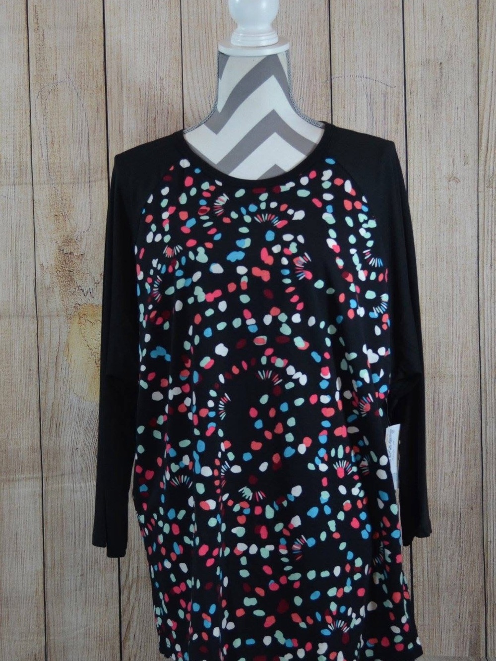 LuLaRoe Black Long Sleeve Randy Top with Multi-Color Dot Pattern